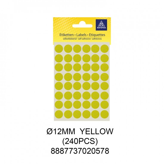 MAYSPIES MS012 COLOUR DOT LABEL / 5 SHEETS/PKT / 240PCS / ROUND 12MM YELLOW